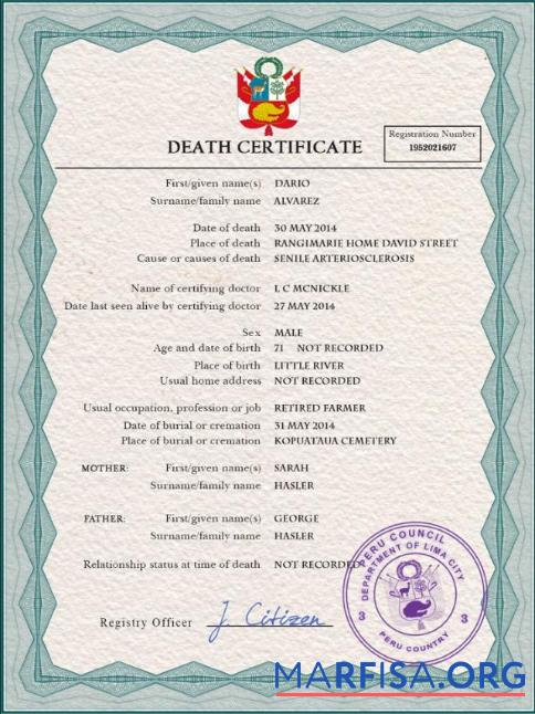 Printable Peru death certificate PSD template